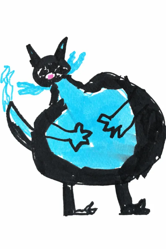 A child’s marker drawing of a round black cat with a bright blue belly and blue whiskers.