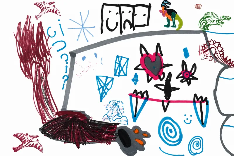 A busy drawing with a spiky heart, blue spirals, a broom and dinosaur stickers.