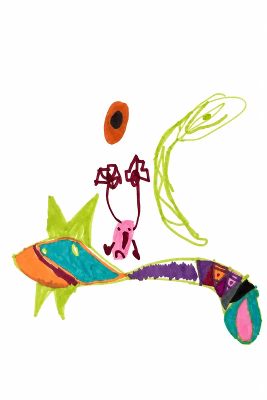 A child’s drawing of a long patterned fish, a pink figure and a green crescent creature.