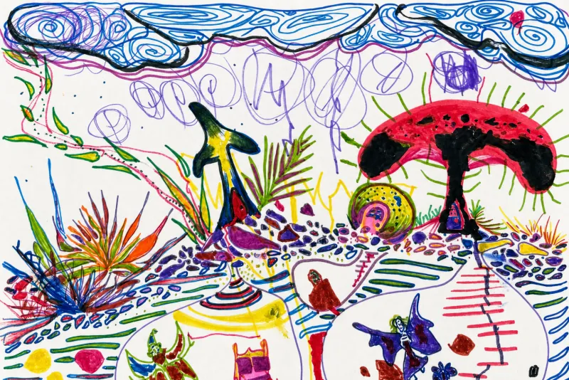 A dense, colourful marker landscape: swirling blue sky, a red and black mushroom, spiky plants and little creatures.
