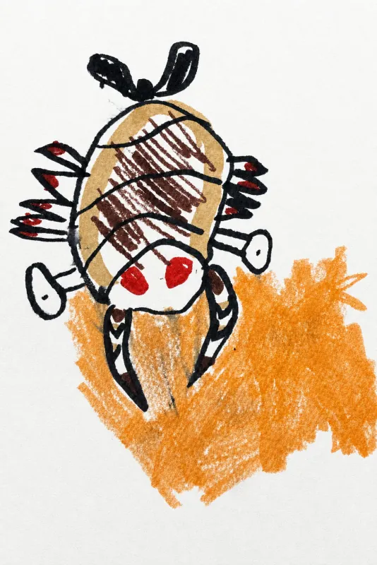 A child’s drawing of a striped beetle with red eyes over an orange crayon scribble.
