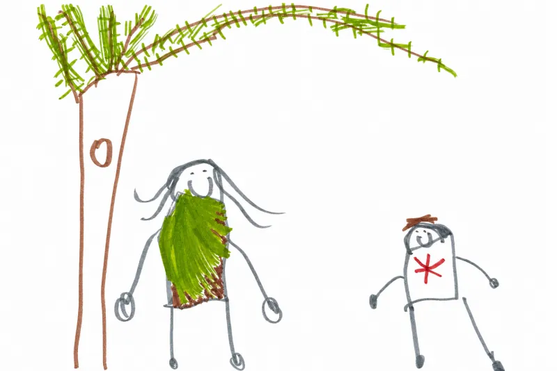 A marker drawing of two smiling stick figures standing under a tall palm tree.