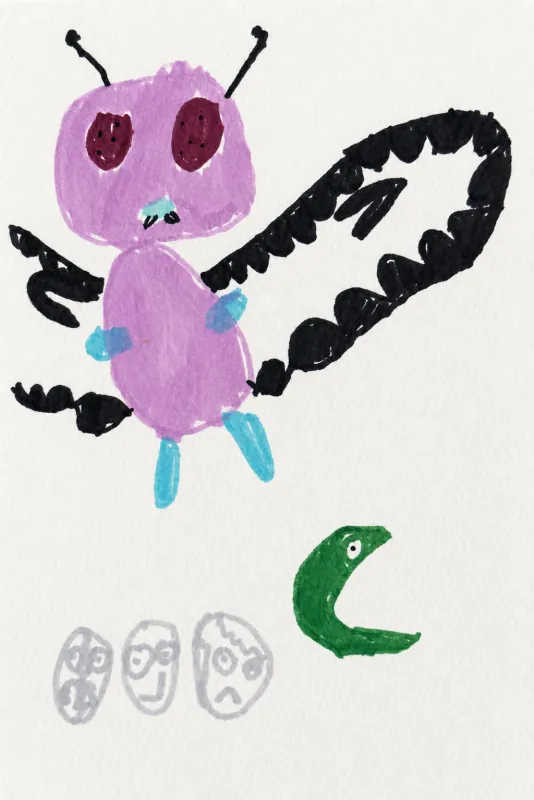 A child’s marker drawing of a purple bug with big dark eyes, scalloped black wings and a green worm.