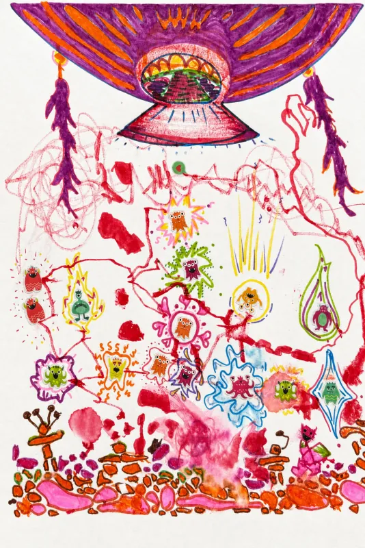 A child’s drawing of a striped purple flying saucer above a crowd of small colourful monsters.