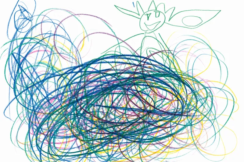 A tangle of crayon loops in blue, green, pink and yellow with a smiling green sun-face above.