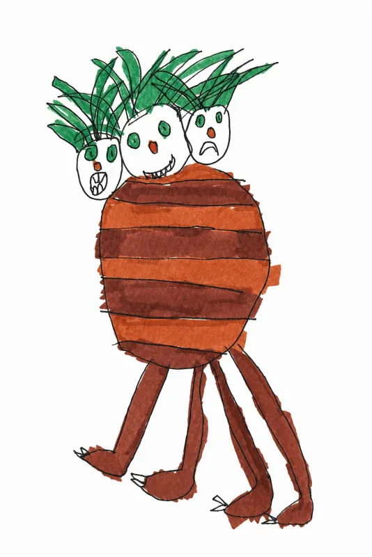 A child’s drawing of a striped brown creature with three leafy-haired heads and long legs.