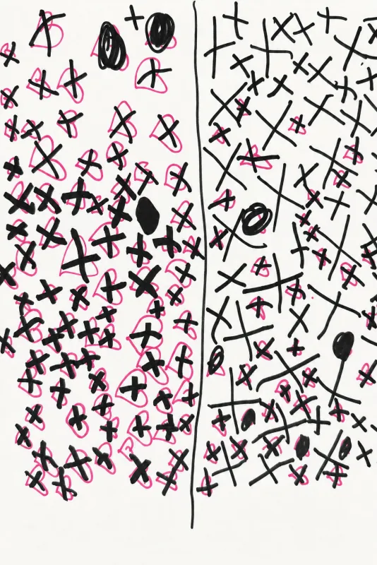A page divided down the middle and filled with black crosses, pink loops and a few heavy dots.